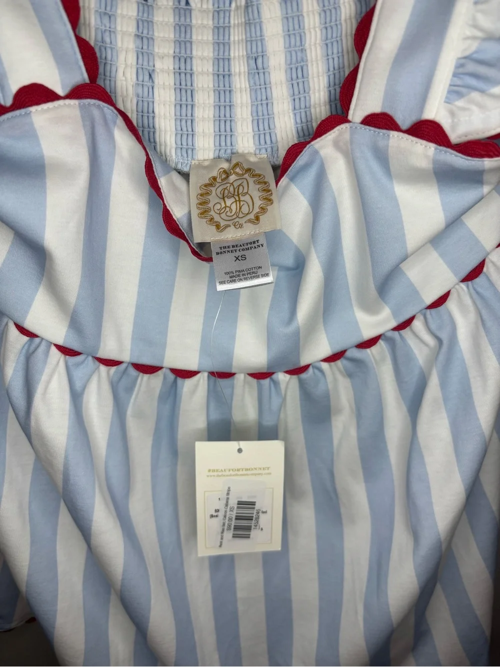The Beaufort Bonnet Company Blue White Stripe Red Trim Pima Cotton Pajama Set XS